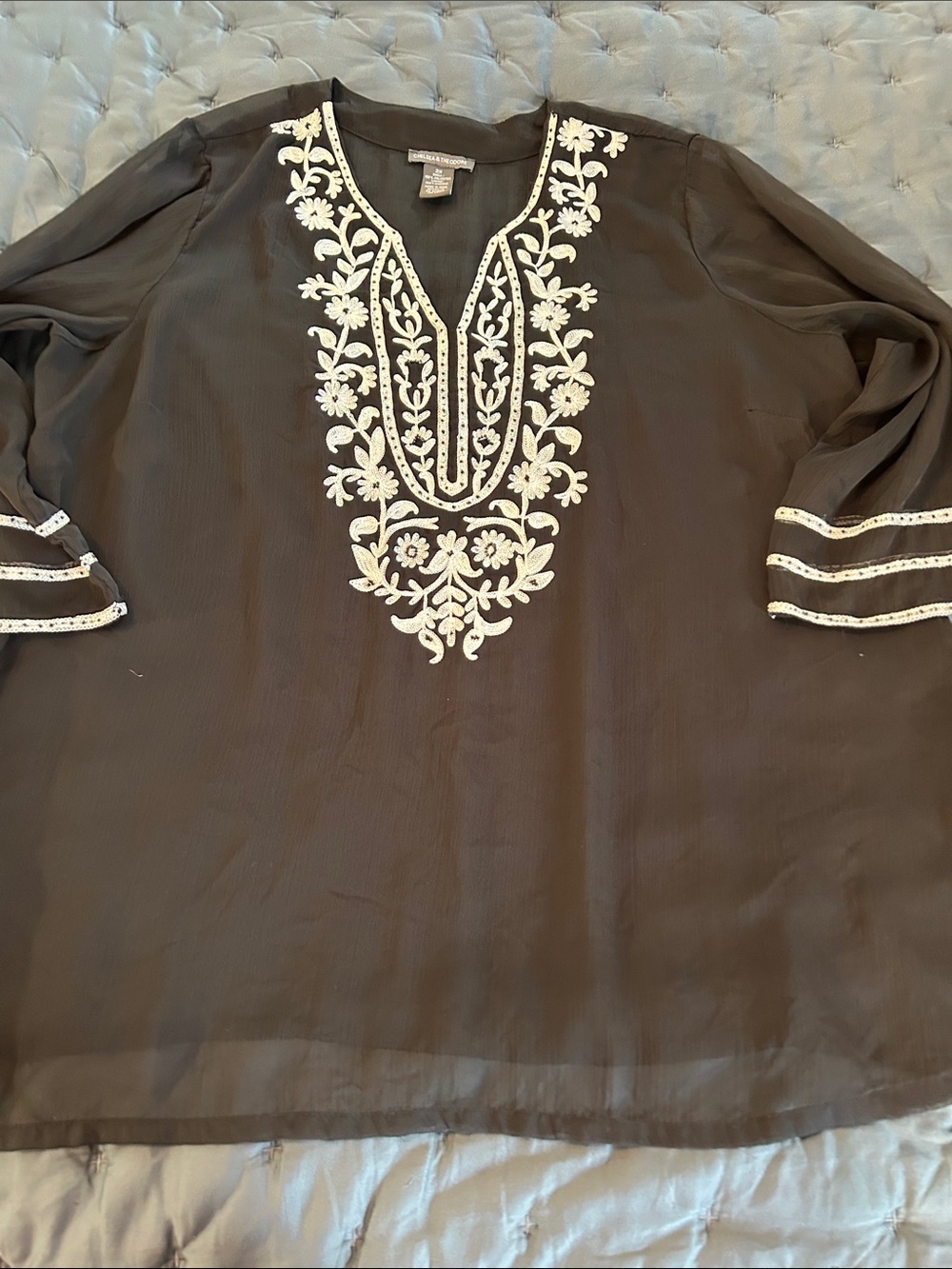 Chelsea & Theodore Black Tunic with Cream Embroidered V-Detail